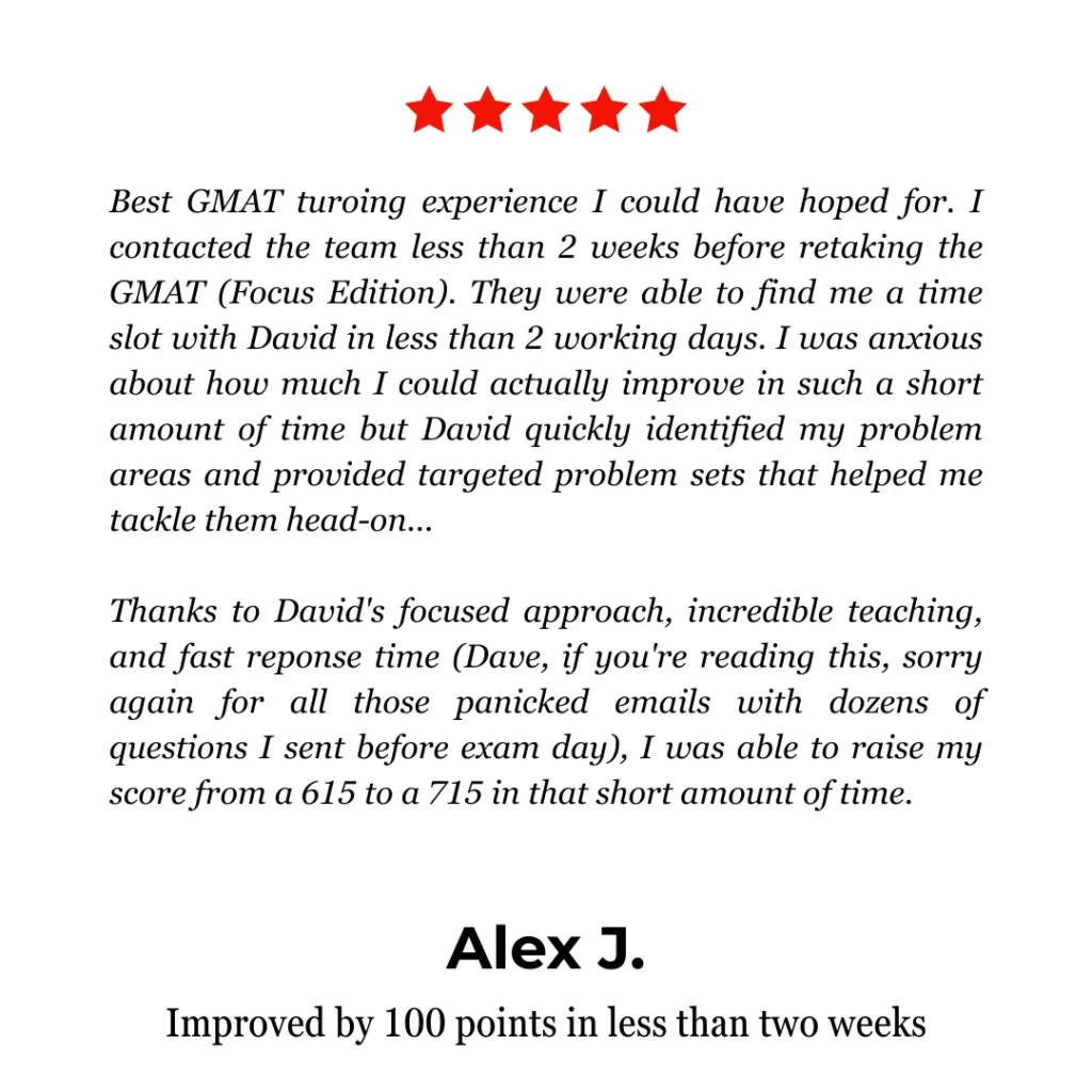 Review of GMAT Ninja's GMAT Tutoring services by Alex J. on Yelp