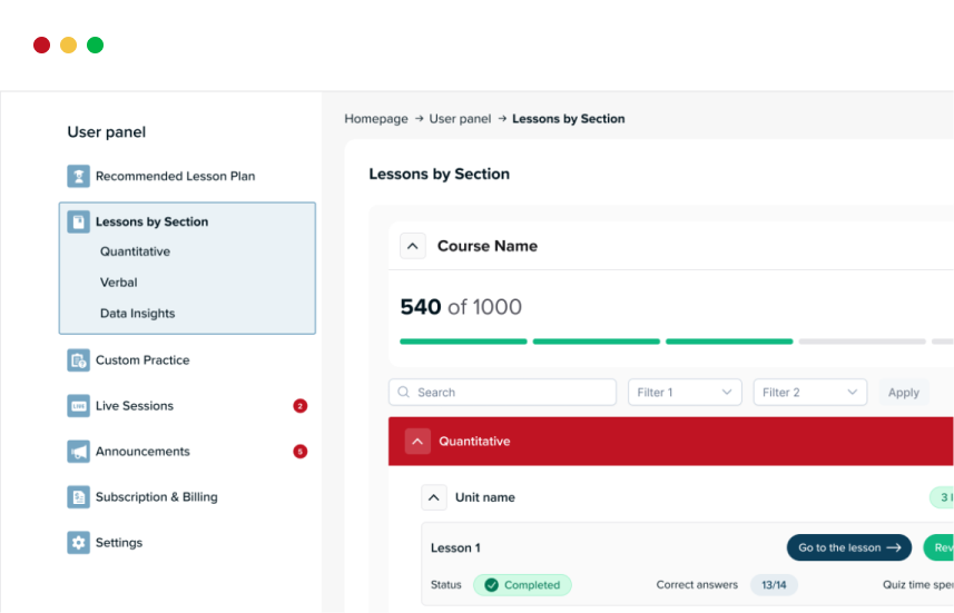 Screenshot of GMAT Ninja LMS
